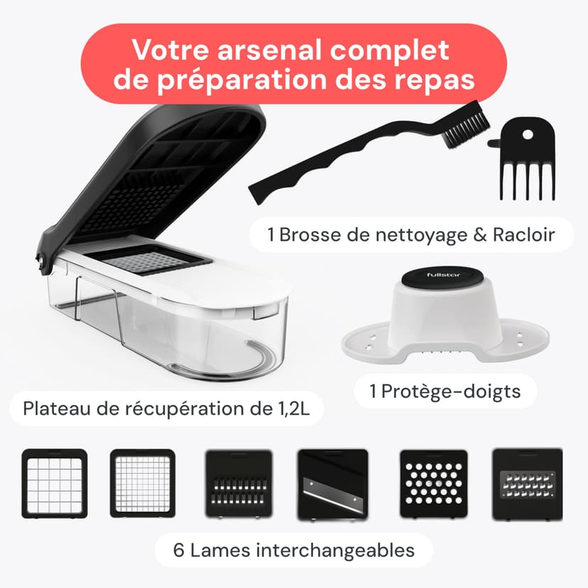 Fullstar Coupe Legumes Multifonctions et Mandoline - Trancheur ou Découpe Cube Oignons Carottes Concombres Frites Fruits - Rapeuse Legume et Fromage - Cuisine Accessoires (Compact 6-en-1 Blanc) - 9