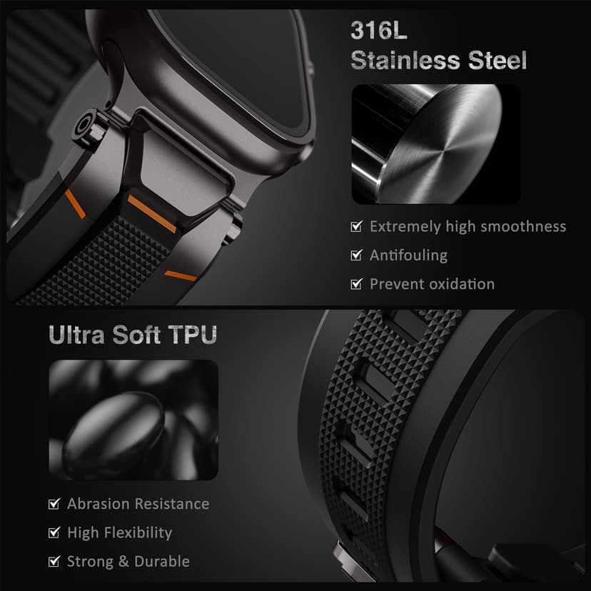 ULTIMAL Compatible with Apple Watch Ultra 2 Strap 49 mm, Compatible Apple Watch Straps Men, Sports Strap Watch Robust Premium - Metal (Black + Black) - 2