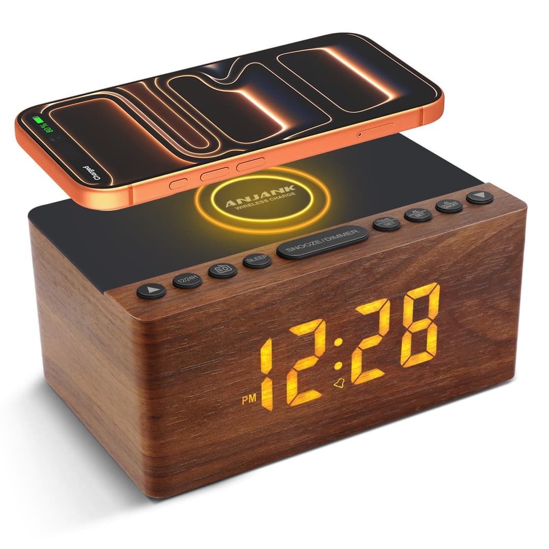ANJANK Digital Wooden Radio Alarm Clock with Wireless Charging Station, 10 W Fast Wireless Charger for iPhone/Samsung Galaxy, LED Display with 5-Level Dimmer, USB Charging Port, Watch Radio without