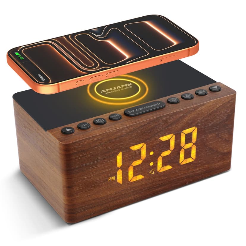 ANJANK Digital Wooden Radio Alarm Clock with Wireless Charging Station, 10 W Fast Wireless Charger for iPhone/Samsung Galaxy, LED Display with 5-Level Dimmer, USB Charging Port, Watch Radio without - 1