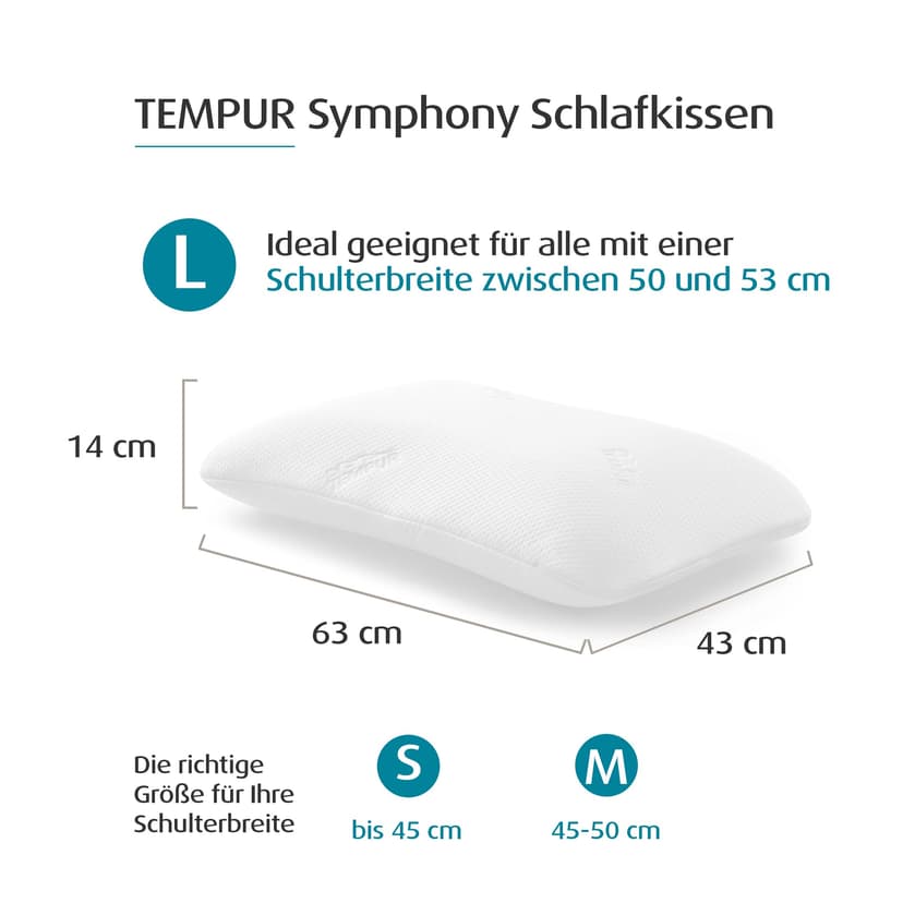 TEMPUR Symphony Ergonomic Neck Support Pillow for Back and Side Sleepers, Size L - 43 x 63 x 14 cm - 2