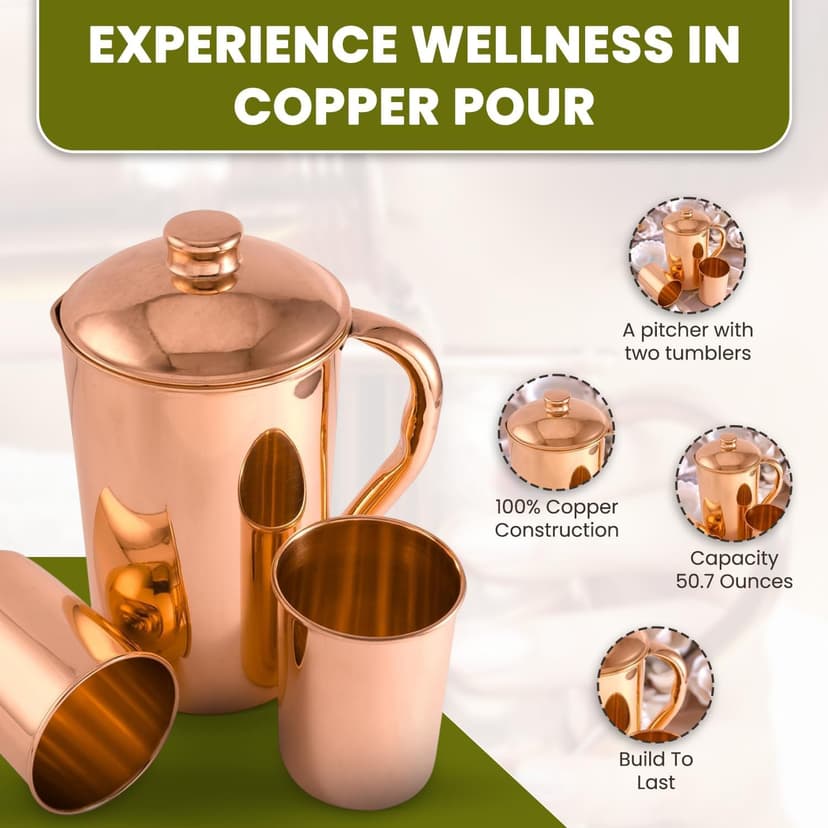 100% Pure Copper Jug1500 ml With 2 Tumblers | Drinking Water Plain Pitcher With Glasses | Copper Jug Set With Lid & Cups | Handle Water Bottle | Ayurveda Health Benefits - 4