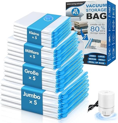 NATNAV Vacuum Bags for Clothes, Pack of 20 with Electric Air Pump, Vacuum Bags (5 x Jumbo/5 x Large/5 x Medium/5 x Small), Reusable Vacuum Bags for Duvets, Clothes, Travel, Pillows