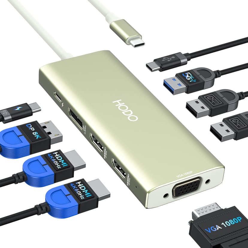 Docking Station Dual Monitor, Laptop Docking Stations 3 Monitors Quad Display, 9 in 1 USB C Hub Multiport Adapter with 2 HDMI 4K+ DisplayPort 8K+VGA+4 USB+PD, USB-C Dock - 1