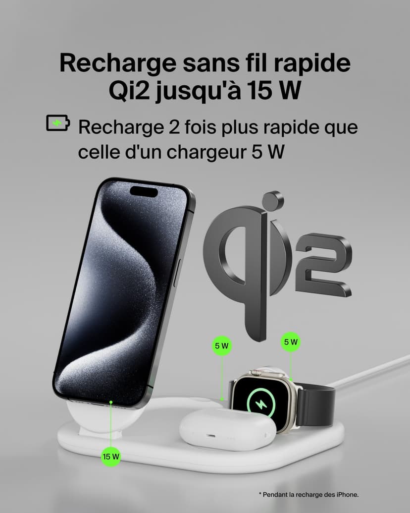 Belkin BoostCharge Socle de Recharge 2-en-1 aimanté et Pliable Qi2, 15W, Compatible MagSafe Chargeur sans Fil, Recharge Rapide, Apple iPhone 17, iPhone Air, Pixelsnap, Adaptateur Inclus - Blanc - 2