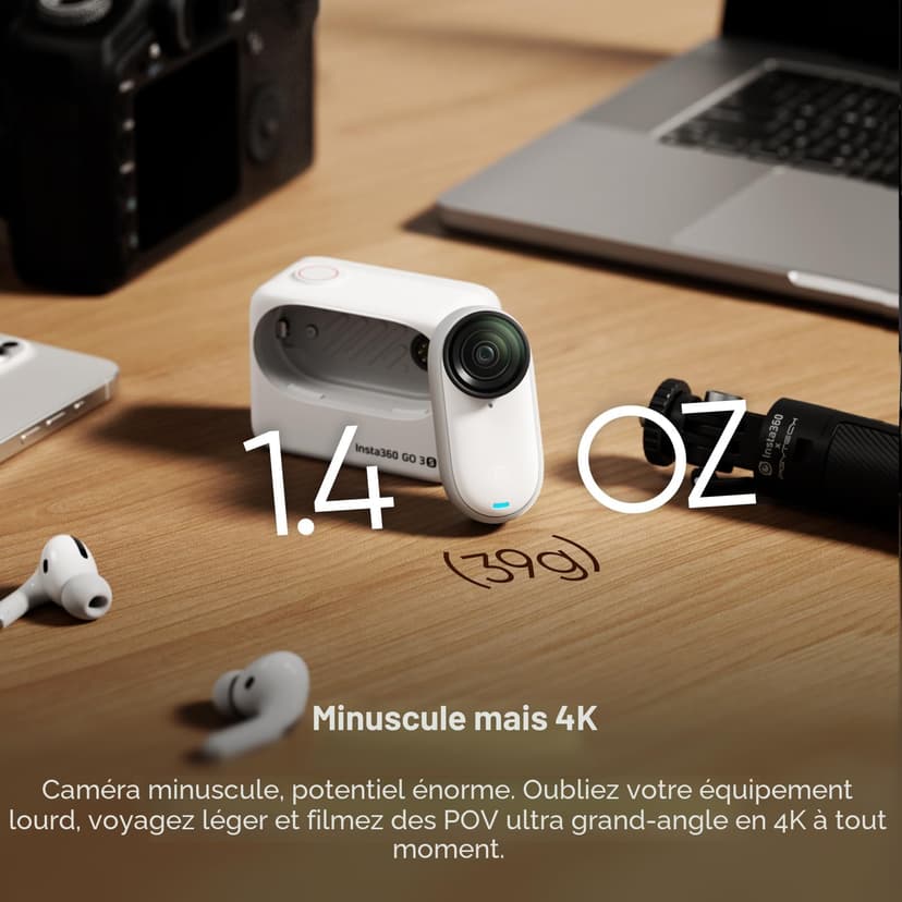 Insta360 GO 3S 64GB Arctic White - 4K Tiny Portable Vlogging Camera, Hands-Free POVs, Mount Anywhere, Stabilization, 140 Min Battery Life, 10m Waterproof, AI Editing, For Vlog, Travel, Outdoor - 2