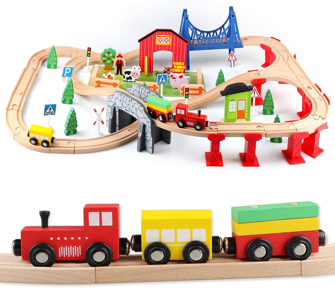 Jacootoys 80PCS Wooden Train Tracks Set Magnetic Trains Educational Construction Toy Wooden Car Tracks Vehicles for Kids 3+ Years Old Girls Boys