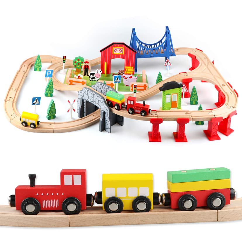 Jacootoys Train en Bois Jouet Circuit Voiture Enfants 80 … - 1