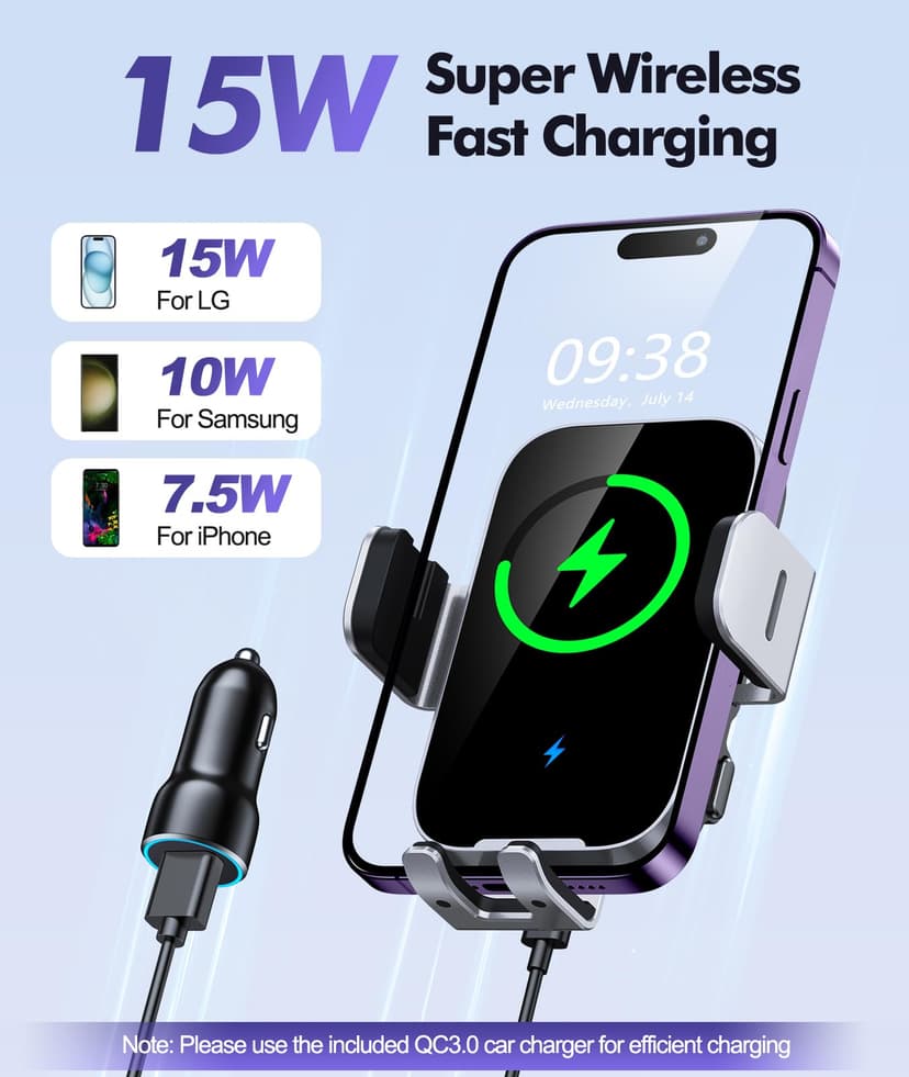 ISEYOU Car Phone Holder Wireless Charger, 15W Fast Charging Auto Clamping Wireless Car Charge, 360° Rotation Air Vent Mount With Electric Sensor Compatible For iPhone 16 15 14 Pro Max, Samsung Galaxy - 2
