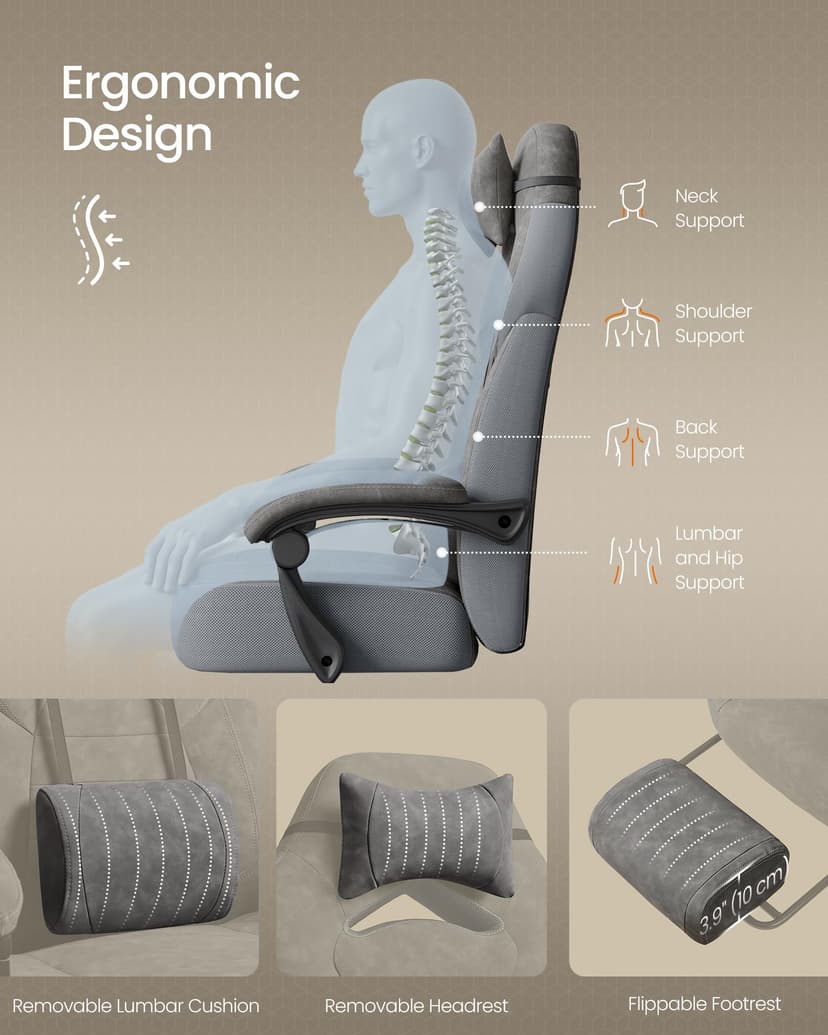 SONGMICS Gaming Chair, Office Computer Chair, Ergonomic Design, with Footrest, Adjustable Headrest, Lumbar Support, 150 kg Load Capacity, Slate Grey OBG077G01 - 5