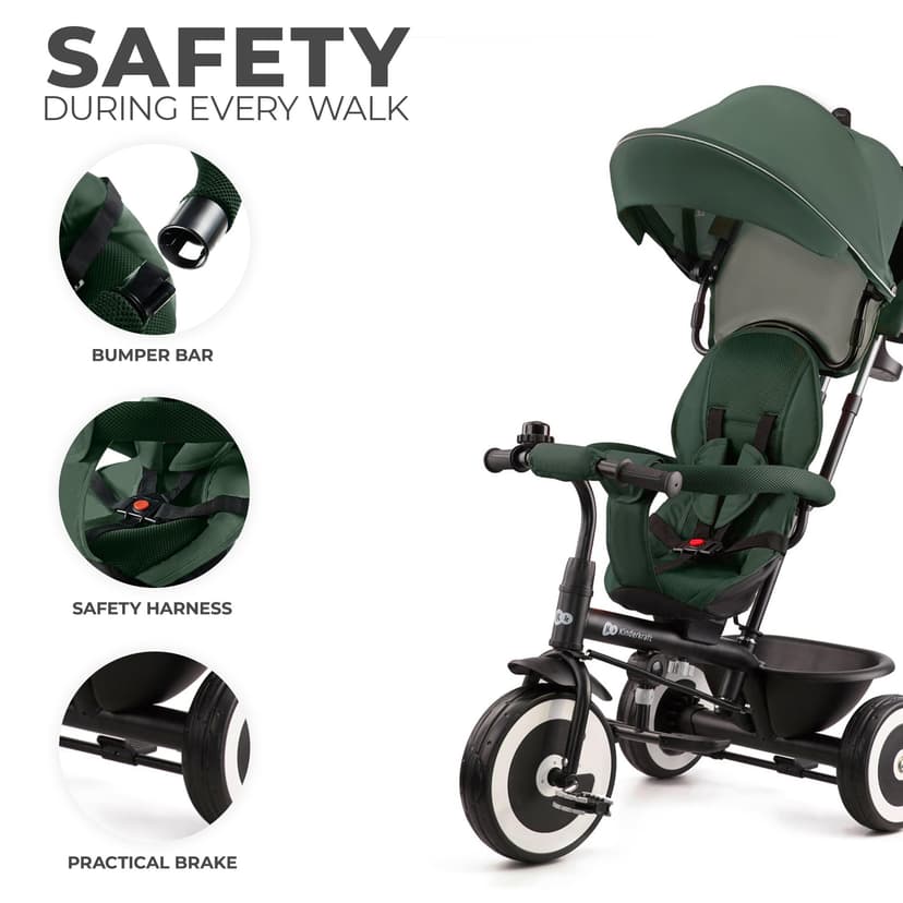 Kinderkraft Aston Tricycle, Baby Push Trike, Kids First Bike, Free Wheel Functions, Parenthandle, Footrest, Accessories, Bag, Cupholder, from 9 Months to 5 Years, Green - 6