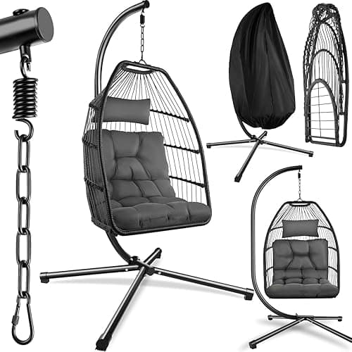 tectake® Luxurious Egg Chair with Stand, Thick Cushions, Polyrattan Weave, Rotatable & Height-Adjustable, Steel Frame, Incl. Protective Cover - Ideal Hammock Chair for Garden, Patio & Balcony - Grey