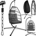 tectake® Luxurious Egg Chair with Stand, Thick Cushions, Polyrattan Weave, Rotatable & Height-Adjustable, Steel Frame, Incl. Protective Cover - Ideal Hammock Chair for Garden, Patio & Balcony - Grey - 1