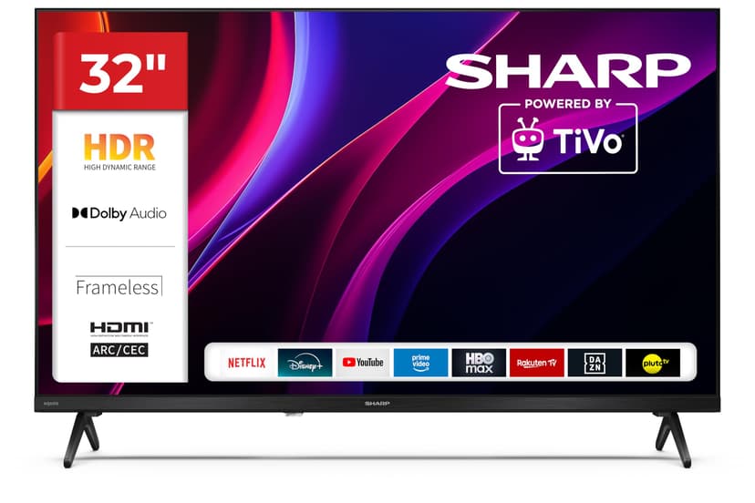 Sharp 32HE2345E - TiVo TV, 32 inch HD, Frameless, 60Hz, HDR10, 2 x 8 W Sound, HDMI 3, USBx2, Black - 1