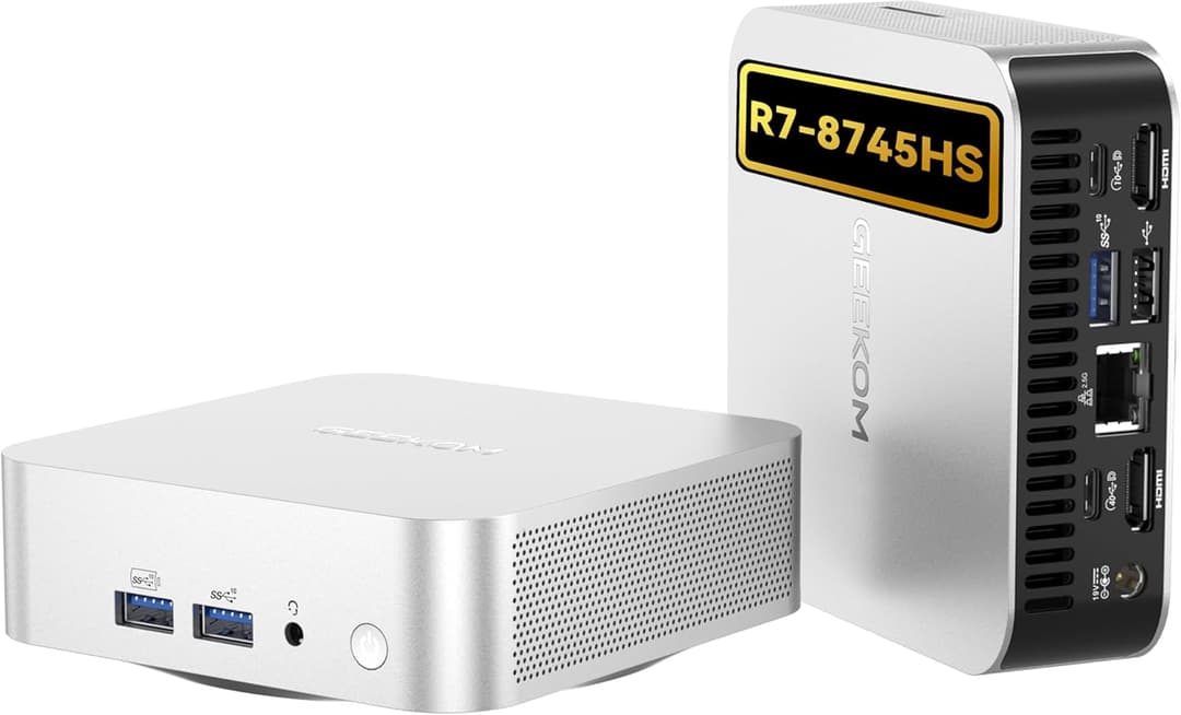 GEEKOM A8 Mini PC (Windows 11 Pro), with AMD Ryzen 7 8745HS (Beat R7-255,Up to 5.1GHz),16GB DDR5 RAM (Up to 128GB) & 1TB SSD,4K@120Hz Quad Display/Dual HDMI/WiFi 6E/USB4/6×USB for Gaming/Video Editing