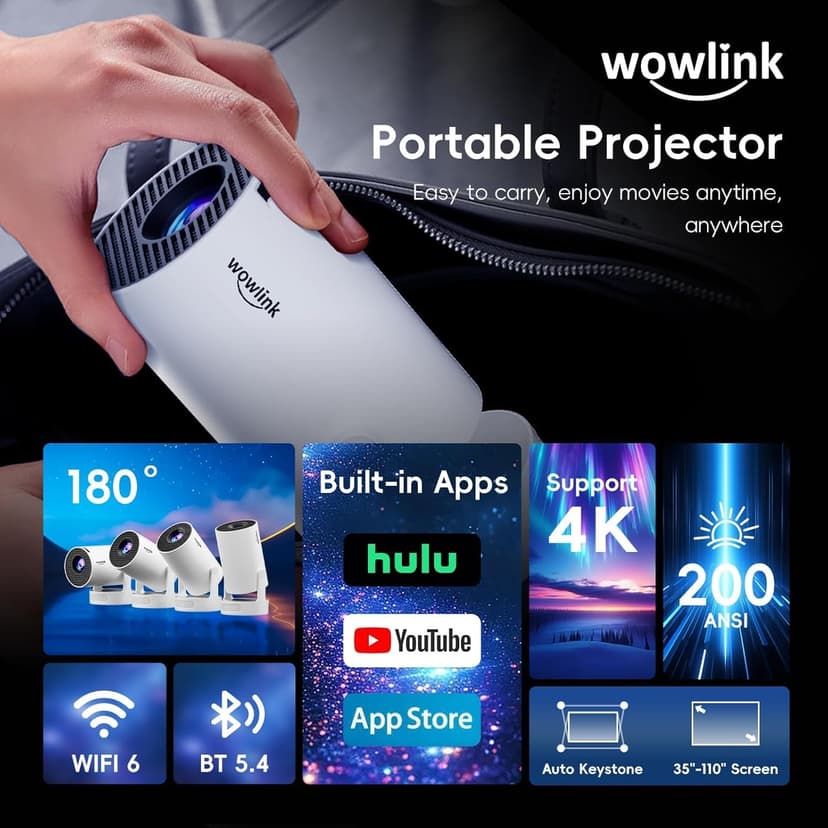 Mini Projector with WiFi 6 and Bluetooth 5.4 Support 4K 1080P Auto Keystone 180° Rotatable Projector Portable Compatibile with HDMI/TV Stick/Memory Stick - 2