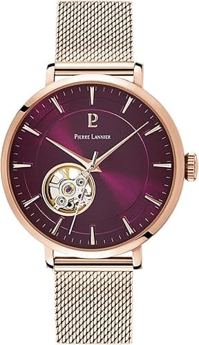 Pierre Lannier - Montre Femme Automatique - Collection Automatic 307F988 - Boîtier Rond en Acier Doré-Rose - Bracelet Interchangeable Acier milanais Doré-Rose 16 mm - Étanche 30M - 3 Aiguilles