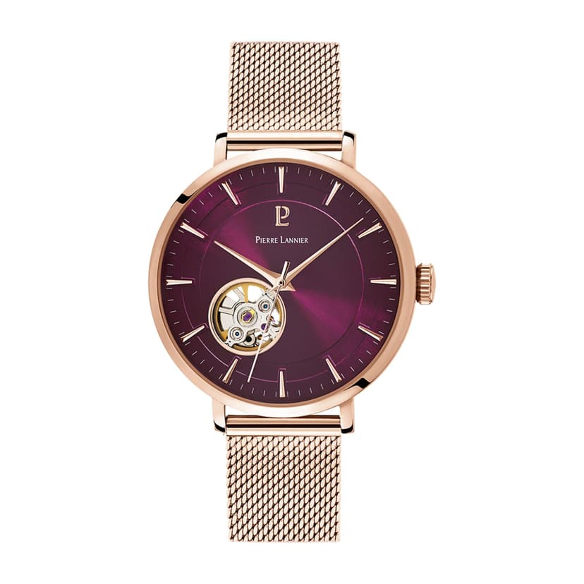 Pierre Lannier - Montre Femme Automatique - Collection Automatic 307F988 - Boîtier Rond en Acier Doré-Rose - Bracelet Interchangeable Acier milanais Doré-Rose 16 mm - Étanche 30M - 3 Aiguilles - 1