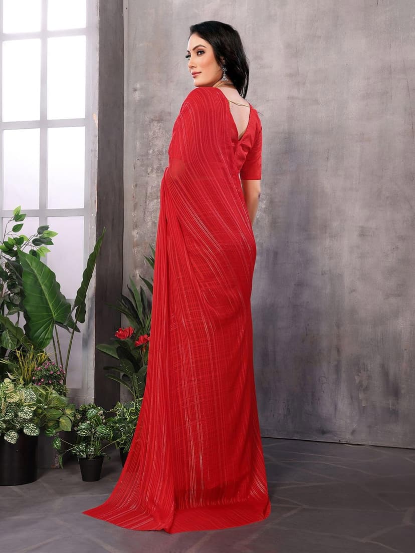 ETHNICMODE Indian Soft Satin Light Weight Party Wear Red Sari With Unstitched Red Blouse Piece-1110 - 5
