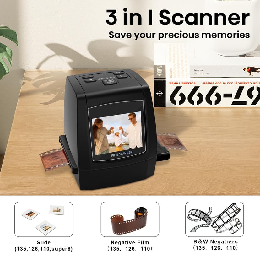 Digital Film Scanner, Standalone Slide Scanner and Negative Scanner Converts Negatives and Film Slides of 35 mm, 126, 110, Super 8 and 8 mm into JPEG Images, 2.4 Inch LCD Display - 3