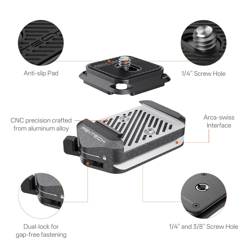 PGYTECH Quick Release Plate & Clamp V2, Arca Swiss Plate Camera Mount with 1/4" to 3/8" Screw Thread for Sony/Nikon/Fuji/Canon/DJI Switch Between Tripod/Monopod/Slider/Stabilizers(Clamp + Plate) - 2