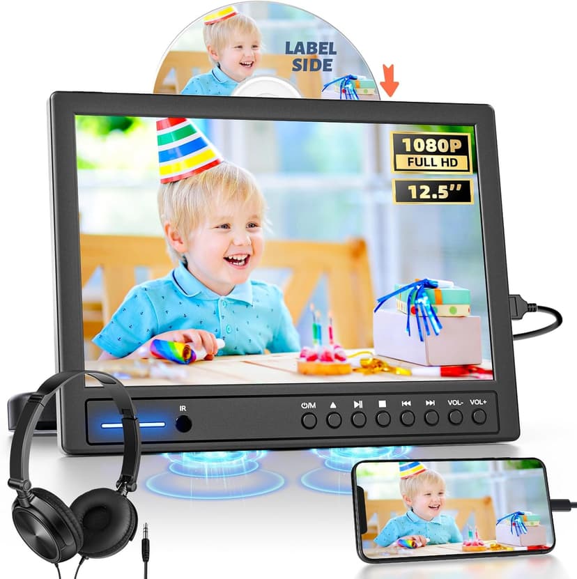 Arafuna 12.5 Inch Car DVD Player with Earphone, Headrest Video Equipment with Headrest Mount, Suction Cup Disc Input, Support 1080P Video - 1