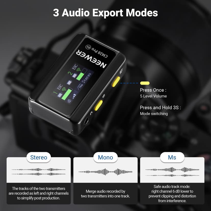 NEEWER CM28 PRO Wireless Lavalier Lapel Microphone System with Charging Case 48KHz 16 Bit Uncompressed Audio Noise Canceling 4GB Storage 9Hrs Recording Compatible with iPhone iPad Android Camera PC - 4