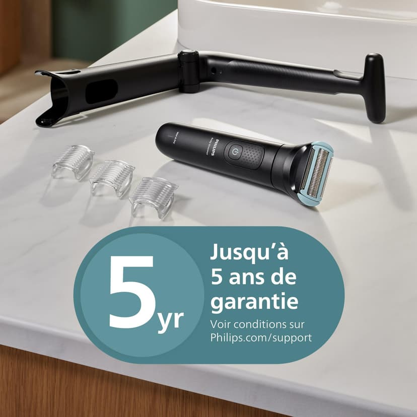 Philips Bodygroom série 5000 - Tondeuse pour hommes avec Triple protection, taille des poils et rasage des zones intimes, accessoire pliant pour le dos, 100% étanche, autonomie de 100 min, BG5480/15 - 9