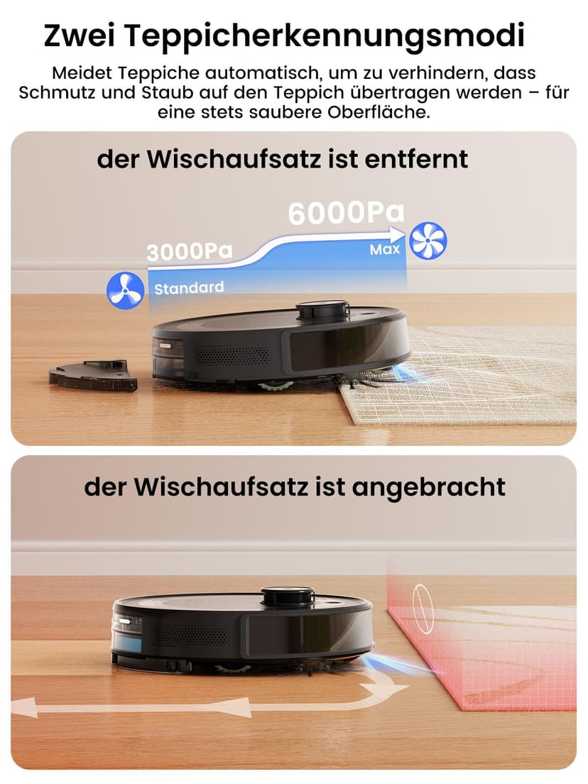 Lefant M2 Plus Aspirateur Robot Laveur avec Station 6000Pa Vidage Automatique Poussière,Navigation Laser Cartographie,Évitement d'obstacles PSD,Idéal pour Poils d'animaux/Tapis, WiFi/App/Alexa, Noir - 6