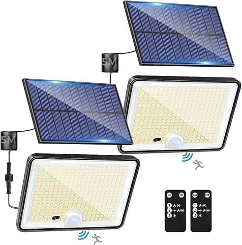 LOTMOS Set of 2 Solar Motion Detector Lights, 342 LED Solar Floodlight, IP65 Waterproof, 3 Modes, Cool White, 23 x 16.5 x 7.5 cm, Outdoor, Garden, Garage, Balcony, Yard, Wall, Patio