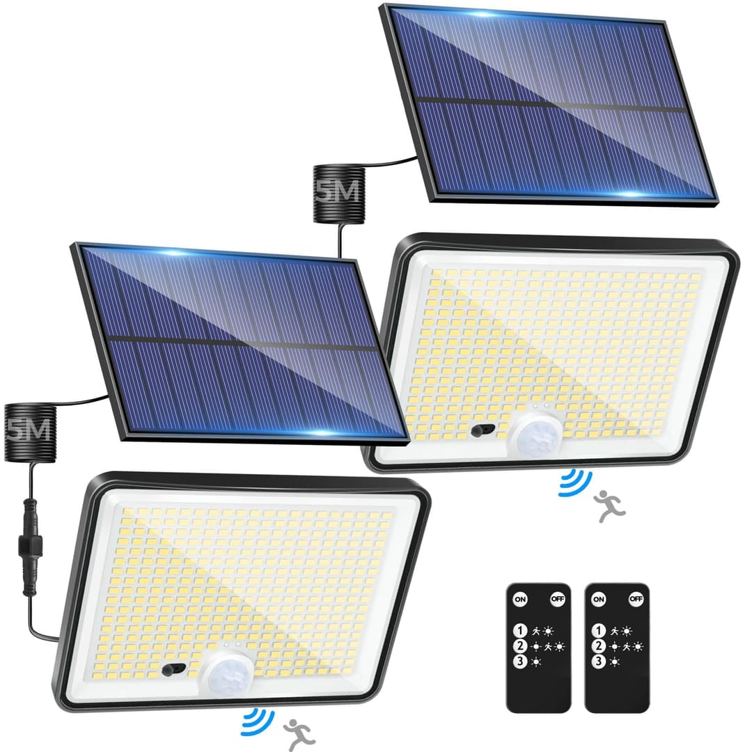 LOTMOS Set of 2 Solar Motion Detector Lights, 342 LED Solar Floodlight, IP65 Waterproof, 3 Modes, Cool White, 23 x 16.5 x 7.5 cm, Outdoor, Garden, Garage, Balcony, Yard, Wall, Patio