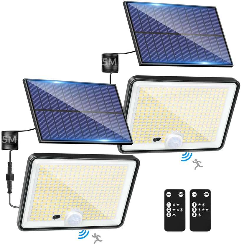 LOTMOS Set of 2 Solar Motion Detector Lights, 342 LED Solar Floodlight, IP65 Waterproof, 3 Modes, Cool White, 23 x 16.5 x 7.5 cm, Outdoor, Garden, Garage, Balcony, Yard, Wall, Patio - 1