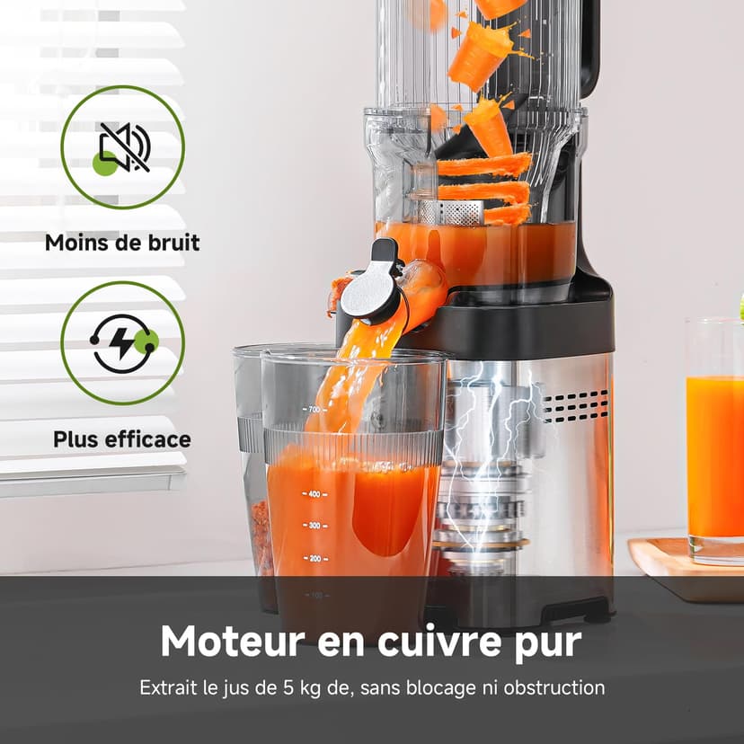 AMZCHEF Slow Juicer – 120 mm wide opening, stainless steel, quiet, easy to clean by hand, cold pressed juicer for fruits and vegetables - 9
