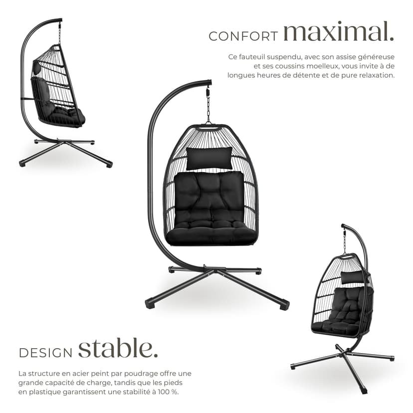 tectake® Fauteuil Oeuf Suspendu Chaise hamac Balancoire Cocooning Confortable Pliable Résistant, Fauteuil Relax avec Structure en Acier & Coussin Épais - 3