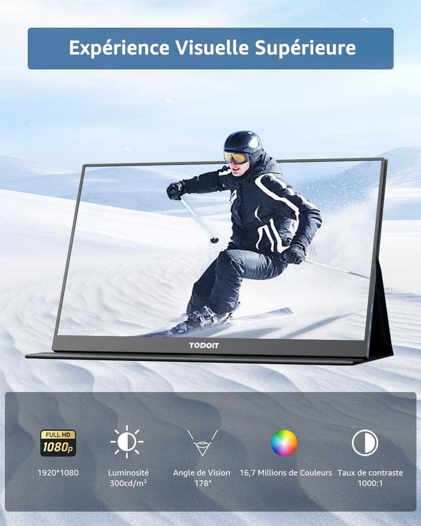 Yodoit Portable Monitor 15.6" FHD 1920x1080P IPS Second External Display Laptop Screen Extender | USB-C & HDMI Connectivity, Built-in Speakers, with Smart Cover, for Laptop, PC, Mac, PS3/4/5, Xbox - 3
