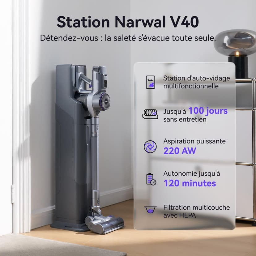NARWAL V40 Station Aspirateur Balai sans Fil, 28000PA / 220AW, Station d'aspiration Automatique, 120 Minutes d'autonomie, Anti-emmêlement des Poils, 100 Jours sans Entretien, Brosse Multifonction - 2