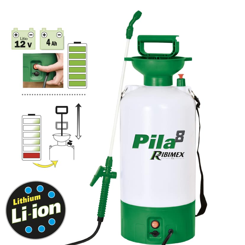 RIBIMEX 07375 - Pulvérisateur à Batterie - 8 L - Sous Pression Automatique - Blanc / Vert - 2