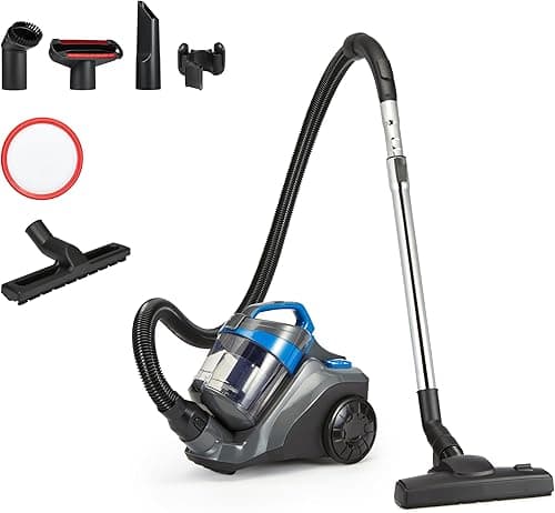 Amazon Basics Aspirateur Traineau sans Sac 1.7L Compact Ultra-Léger avec Brosse Triple Action, Filtre HEPA, 850W, pour Tapis et Sols Durs, Noir et Bleu