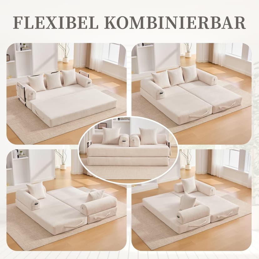 2 Seater Corduroy Sofa Bed, Multifunctional Modern Convertible Sofa, Side Pockets and 3 Cushions, DIY Free, for Living Room, Bedroom, Office (Beige-L) - 3