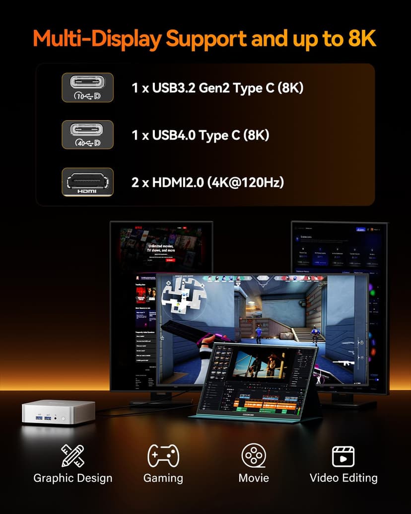 GEEKOM A8 Mini PC (Windows 11 Pro), with AMD Ryzen 7 8745HS (Beat R7-255,Up to 5.1GHz),16GB DDR5 RAM (Up to 128GB) & 1TB SSD,4K@120Hz Quad Display/Dual HDMI/WiFi 6E/USB4/6×USB for Gaming/Video Editing - 7
