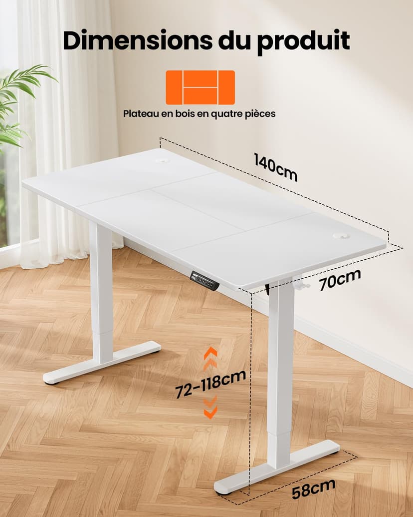 ErGear Bureau Assis Debout Electrique, Bureau Réglable en Hauteur Electrique 140 x 70 cm, Bureau Informatique avec Panneau Intelligent à 4 Mémoires, Bureau Blanc avec Plateau en Panneaux Assemblés - 6