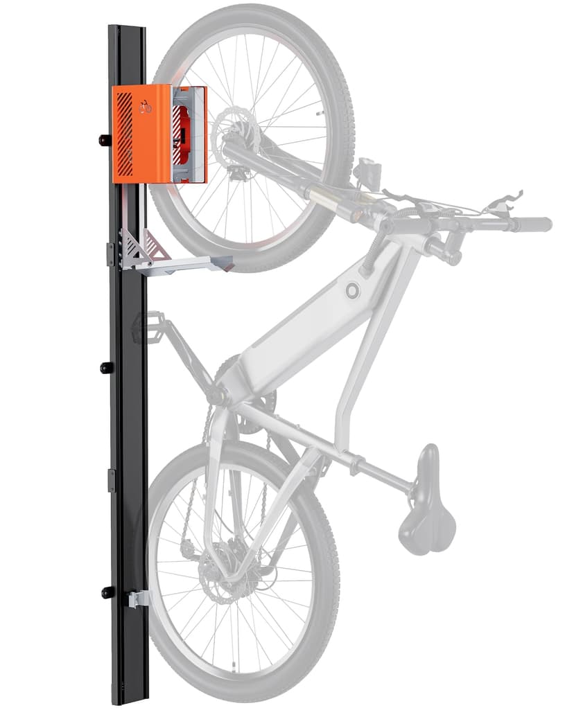 monTEK Automatic Bicycle Lift - Vertical Bicycle Rack for Heavy Bicycles (up to 32 kg) - Easy Assembly, Space Saving Wall Mount for Garage, Shed, Home - For 24-29 Inch Tyres, E-Bikes - 1