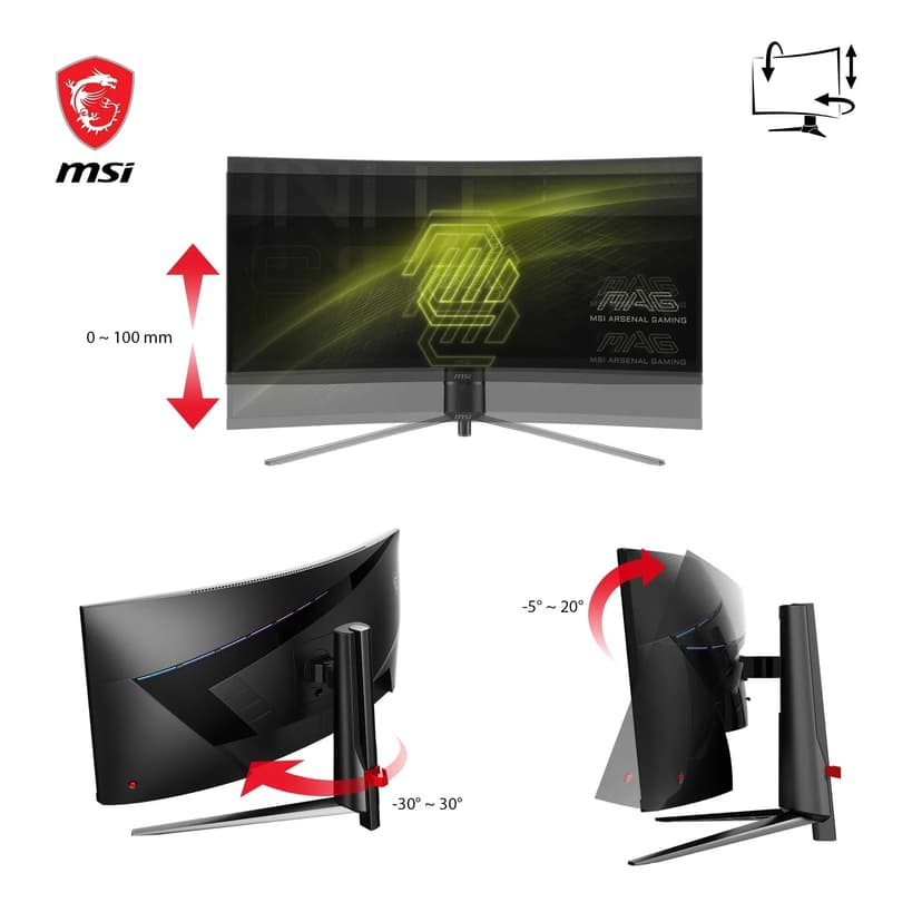 MSI MAG 345CQR 34" UWQHD Curved Gaming Monitor - Rapid VA 1500R 3440 x 1440, 180 Hz / 1 ms, Adaptive-Sync - DP 1.4a, HDMI 2.0b CEC - 5