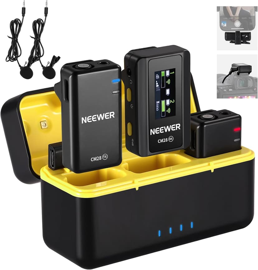 NEEWER CM28 Wireless Lavalier Microphone System with Charging Case, 2 Mic Clips, 1 Click Noise Canceling, 4GB Storage, 9H Playtime, Lavalier Lapel Mic Compatible with iPhone/Android/PC/Camera - 1