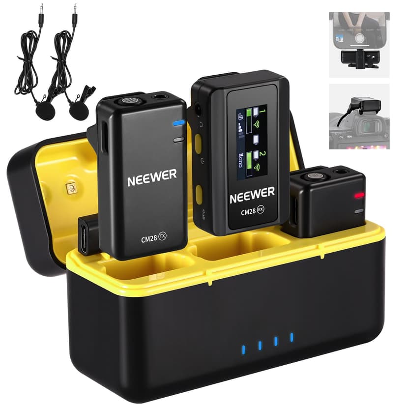 NEEWER CM28 Wireless Lavalier Microphone System with Charging Case, 2 Mic Clips, 1 Click Noise Canceling, 4GB Storage, 9H Playtime, Lavalier Lapel Mic Compatible with iPhone/Android/PC/Camera - 1