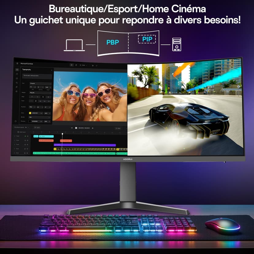 KOORUI 34-Zoll Curved Monitor,Gaming Bildschirm,WQHD 3440×1440 VA,180Hz + 1 MS MPRT,HDR400,99% sRGB, unterstützt 110mm Höhenverstellung,Schwarz,Für Heimkino,Büroalltag,Designbearbeitung - 2