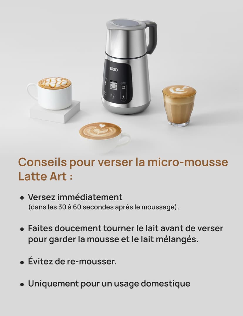 DREO Mousseur à Lait Électrique [Amélioré], Mousseur Automatique All-in-1 de 450ml pour Lait, Cappuccino, Chocolat Chaud, Plus de 30 Boissons, Facile à Nettoyer, Lavable au Lave-vaisselle, Écran LED - 7