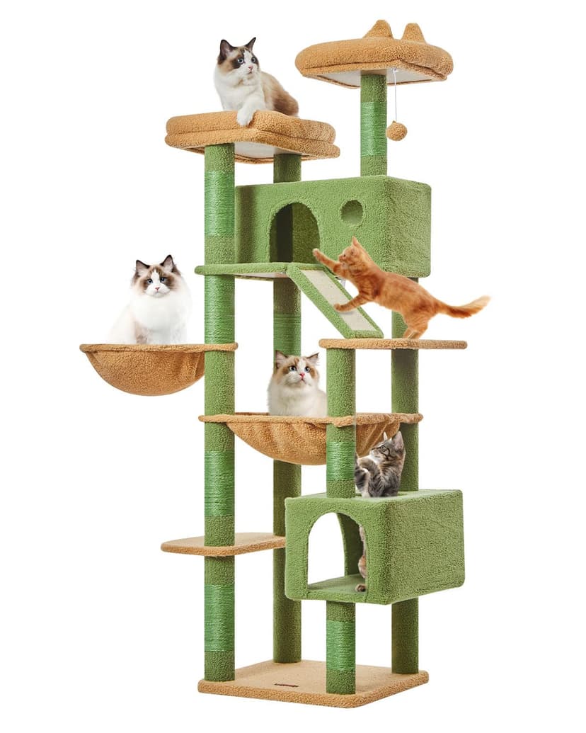 Taoqimiao Cat Tree, 180cm Cat Tower for Indoor Cats Large Cats, Multi-level Cat Climbing Tower, 8 Sisal Scratching Posts, Metal Frame Cozy Hammock, Scratch Board, 2 Top Perches, Green MSC026L - 9