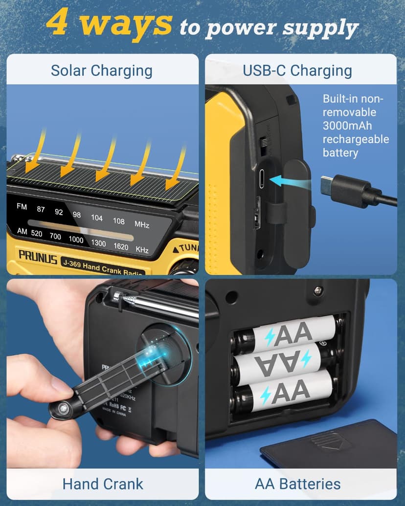 PRUNUS J-369 Wind Up Radio Solar, AM/FM Emergency Hand Crank Radio, Battery Radio with 3000mAh Power Bank, LED Torch, SOS Alarm, USB Phone Charger Perfect for Emergencies & Outdoor Survival - 3
