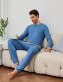 Mens Pyjama Set Winter Pajamas Henley Shirt Plain Color Nightwear For Men Long Sleeve Pjs Top and Full Length Loungewear Bottom With Pockets S-3XL - 5